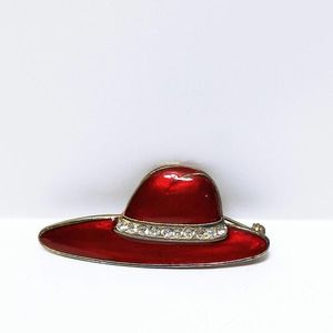 Vintage Red Hat Society Enamel Brooch 2" Red & Gold w/ Rhinestone Band Pin (jb3)